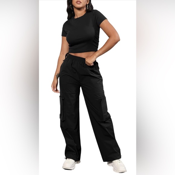Pants - Women's 2 Piece Outfits Sets Casual Crop Top and Cargo Pants Sets with Pockets